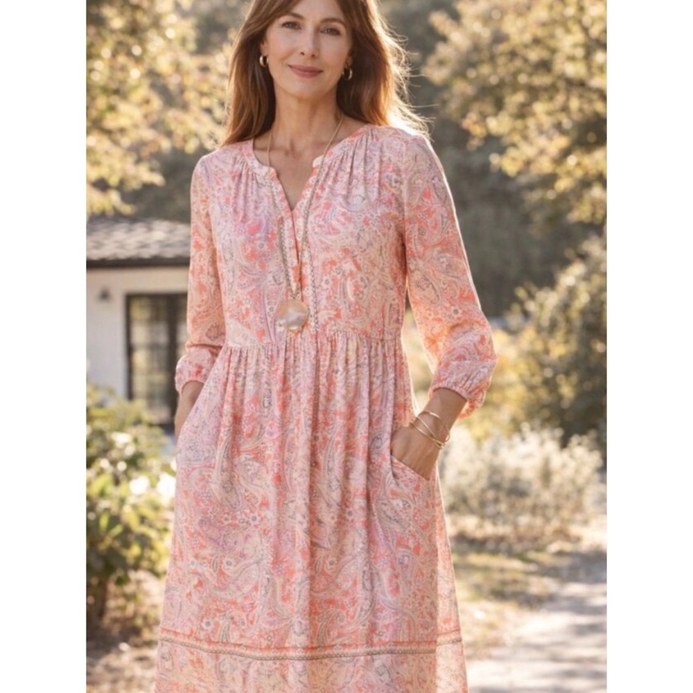 J. Jill Petite Coral Paisley Empire Waist Pocket Dress SP NEW